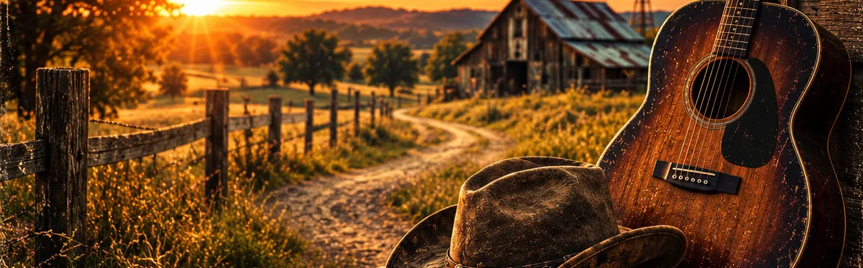 Acoustic guitar and a country road at sunset